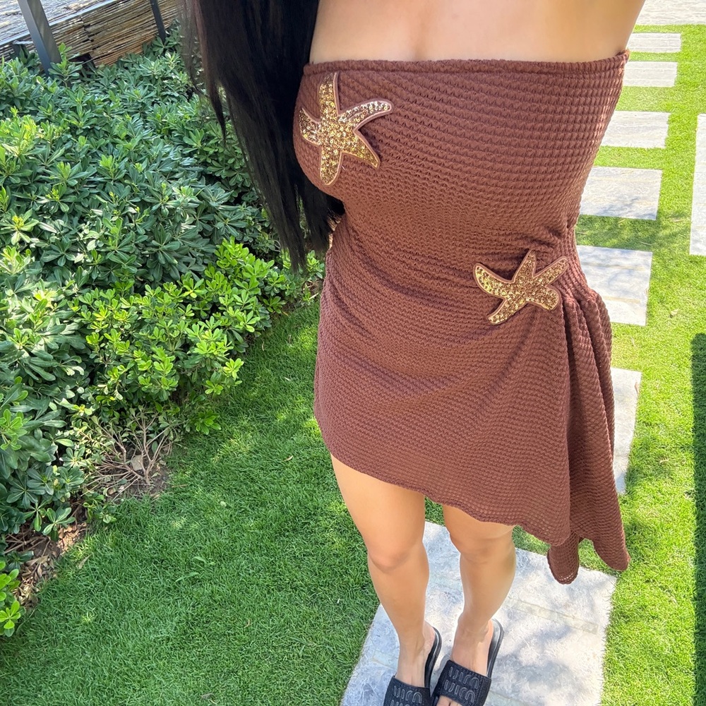 Brown Strapless Dress with Starfish Accents
